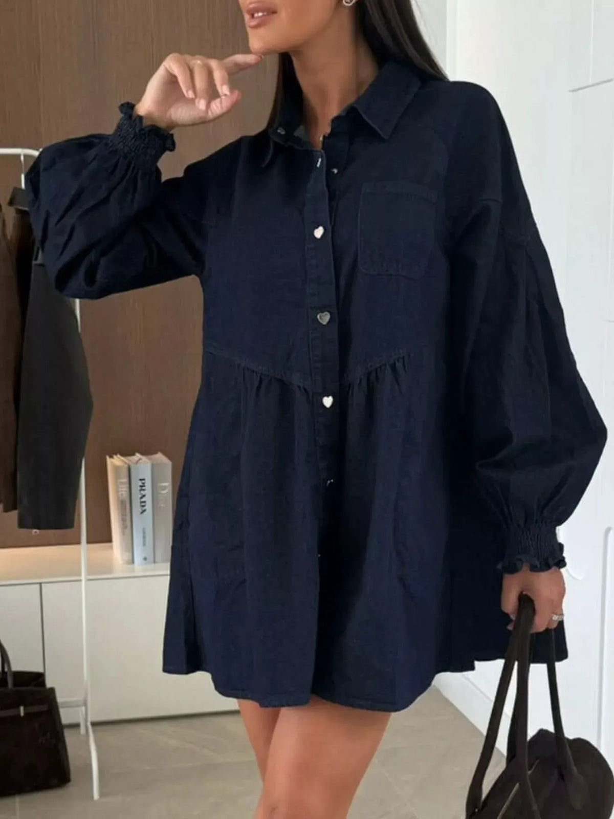 Button Down Mini Denim Dress with Front Pockets by Partner Label