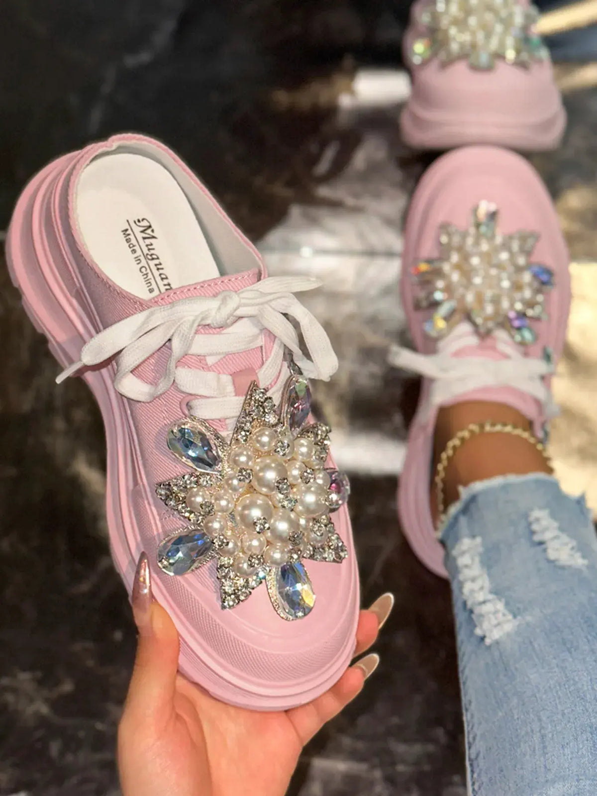 Pearl Embellished Platform Slip-Ons by Partner Label