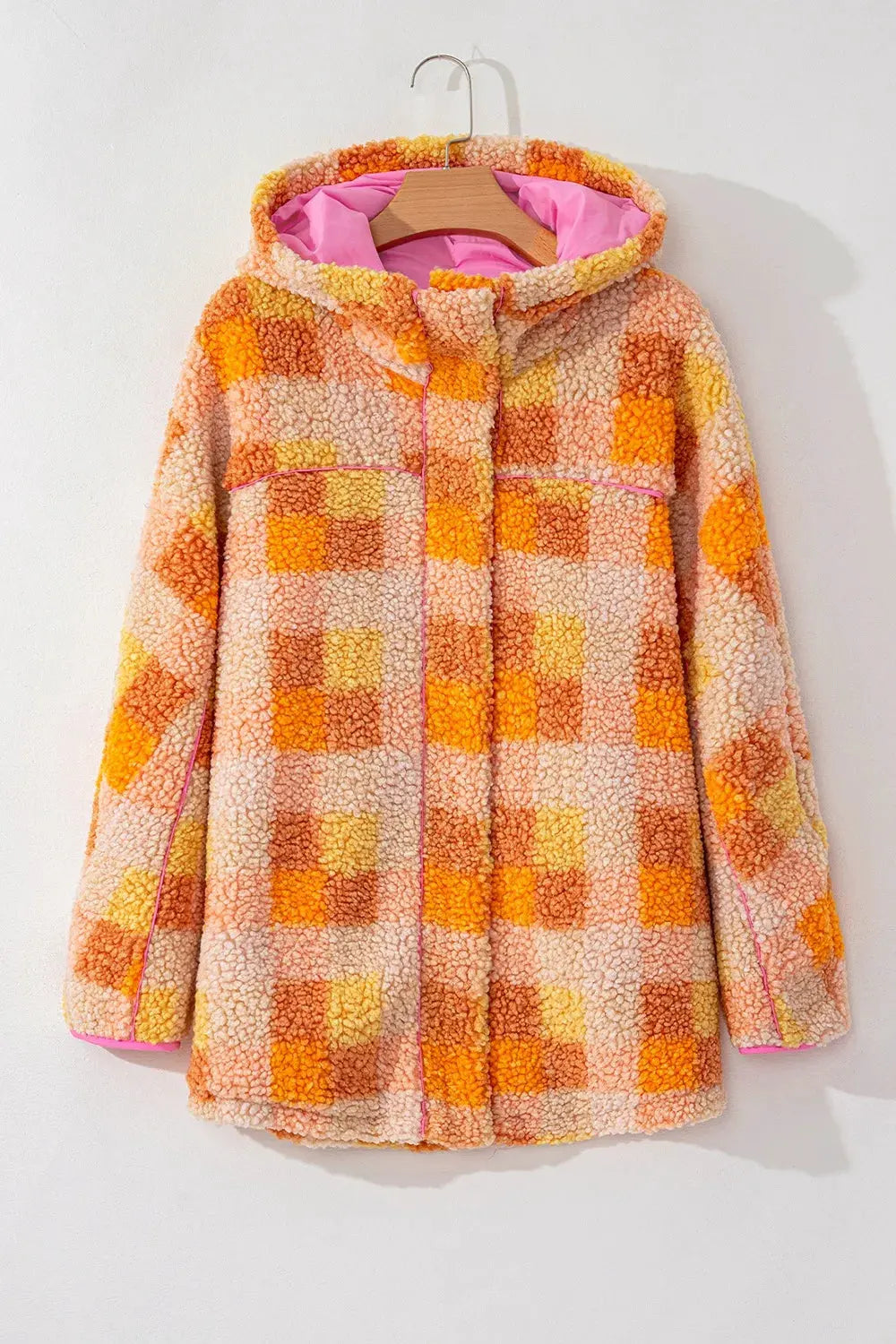 Checkered Long Sleeve Sherpa Hooded Jacket by Partner Label