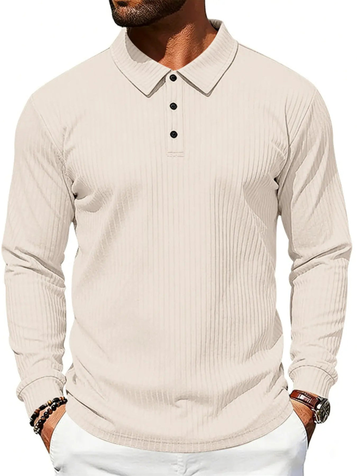 Men's Full Size Ribbed Long Sleeve Polo with Button Detail Plus Size by Trendsi