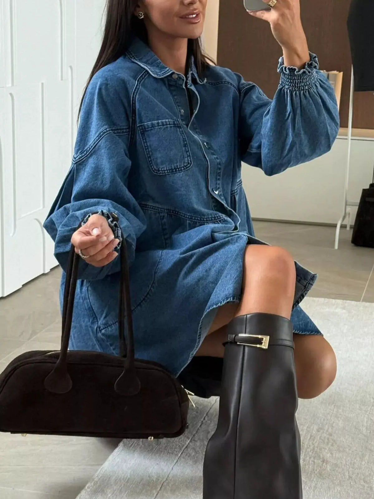 Button Down Mini Denim Dress with Front Pockets by Partner Label