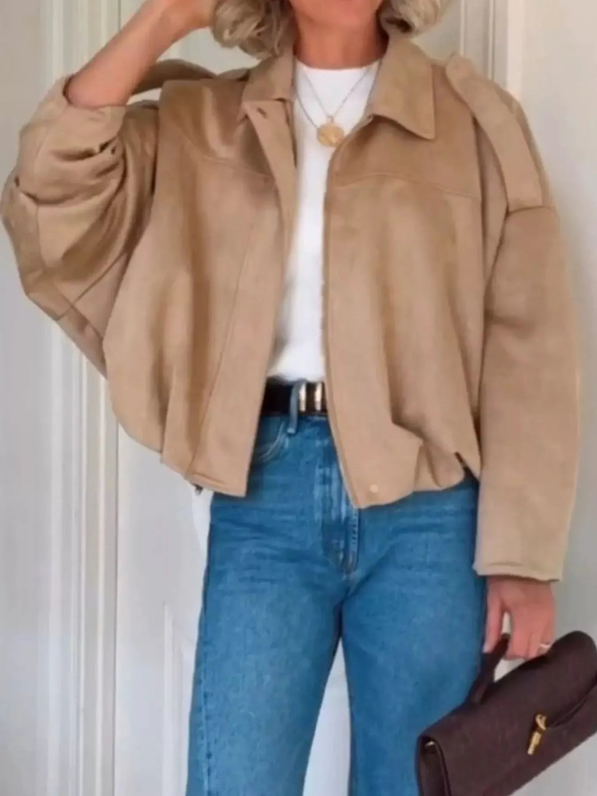 Zip Up Dropped Shoulder Suede Jacket by Partner Label