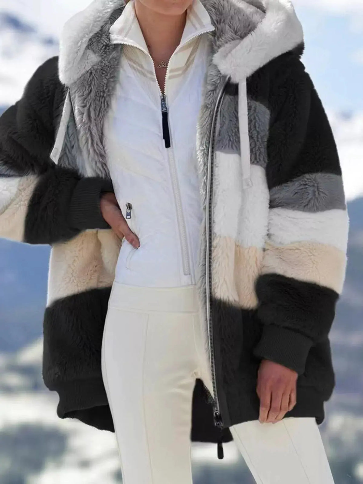 Full Size Fuzzy Zip Up Hooded Outerwear Plus Size | Partner Labels Selection by Partner Label