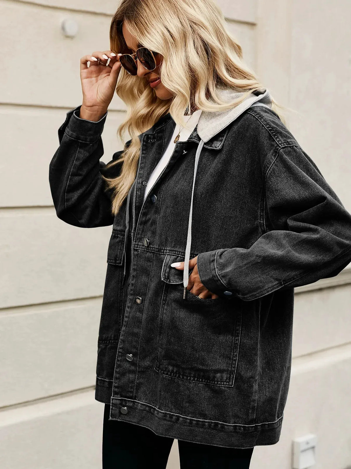 Oversized Button Up Denim Jacket with Hood by Partner Label