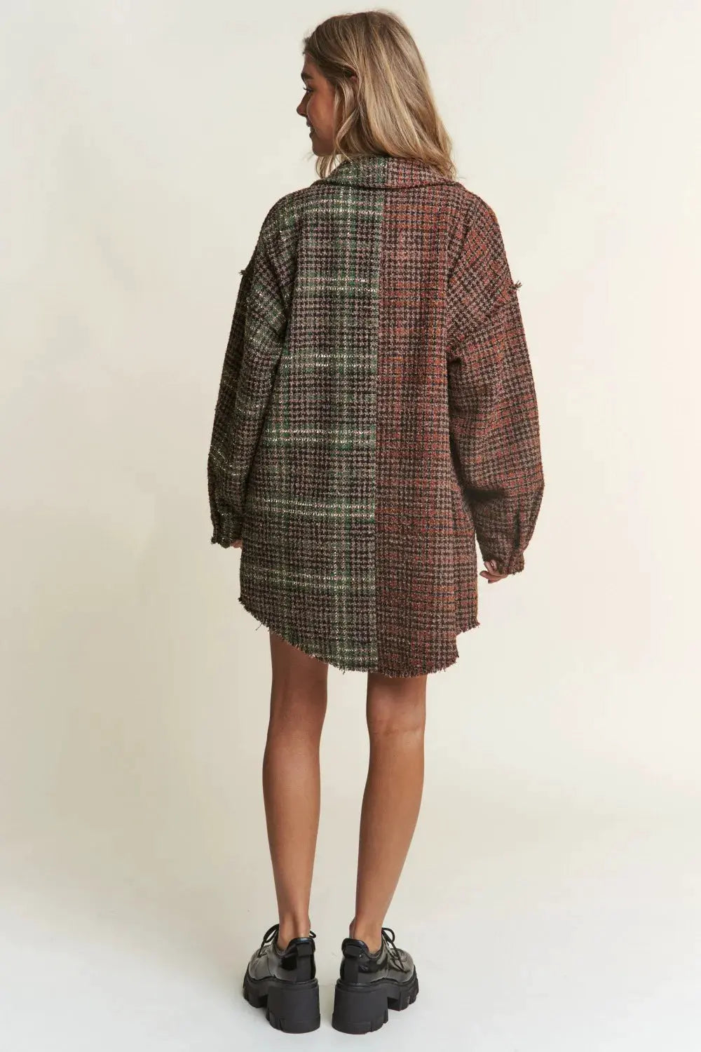 J.NNA Snap Down Tweed Plaid Contrast Longline Shacket by Partner Label