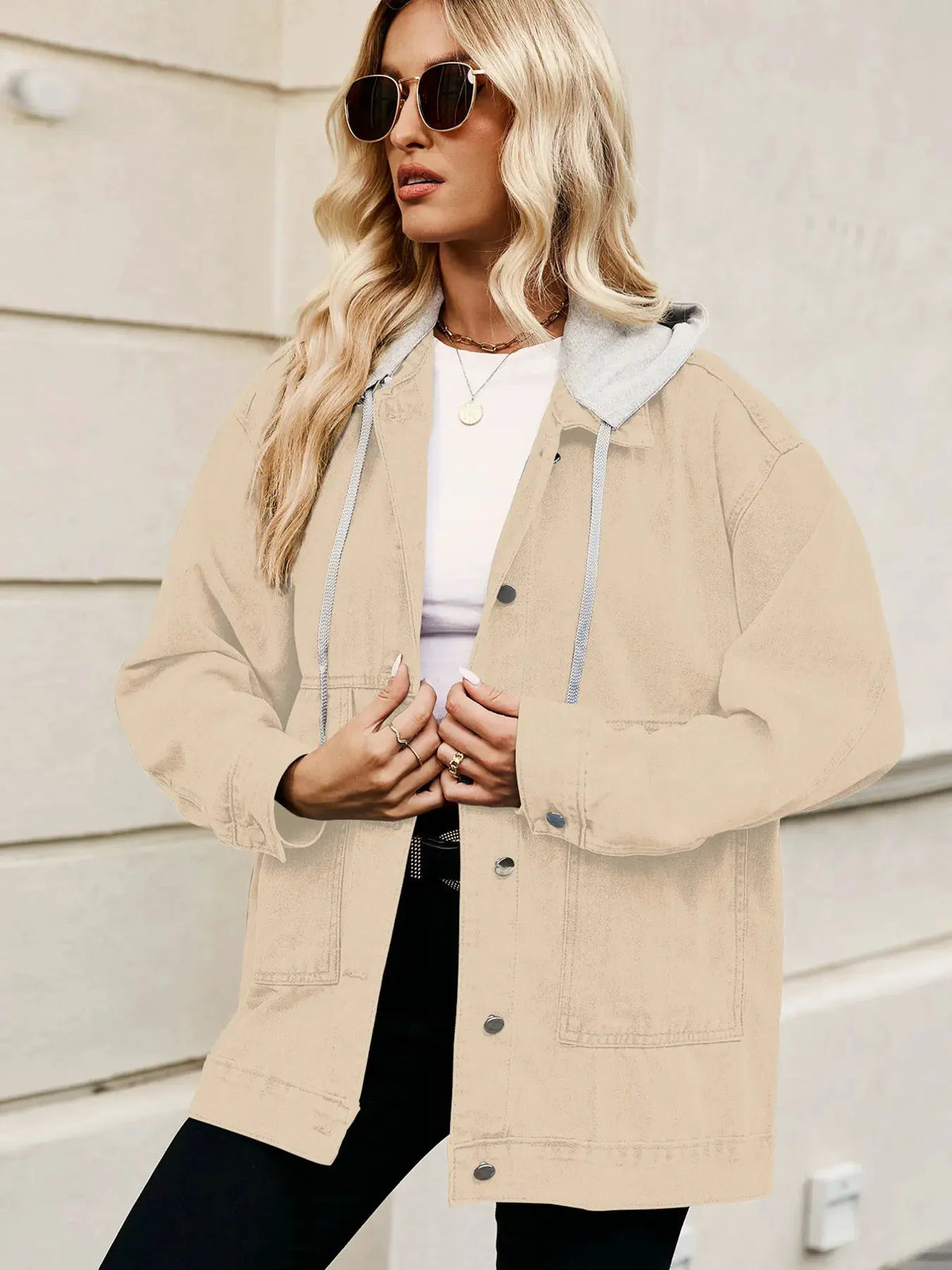 Oversized Button Up Denim Jacket with Hood by Partner Label
