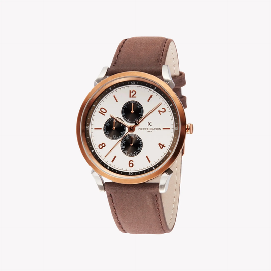 Pierre Cardin Men's Silver & Rose Gold Watch, Brown Leather | Cpi.2022 by PIERRE CARDIN