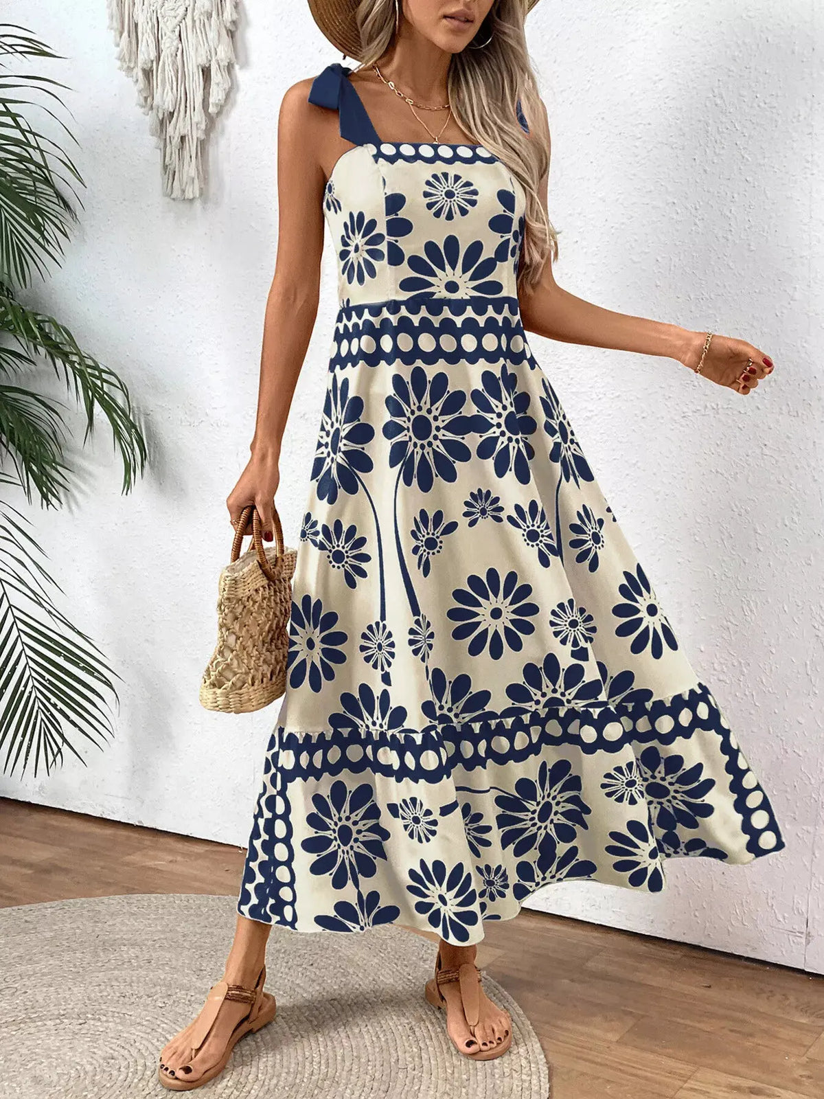 Floral Print Tie-Shoulder Midi Dress by Partner Label