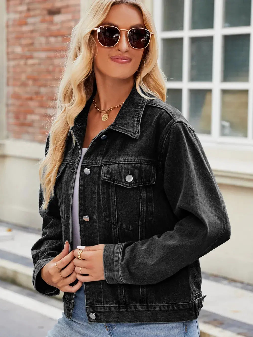 Pocketed Collared Neck Denim Jacket by Partner Label