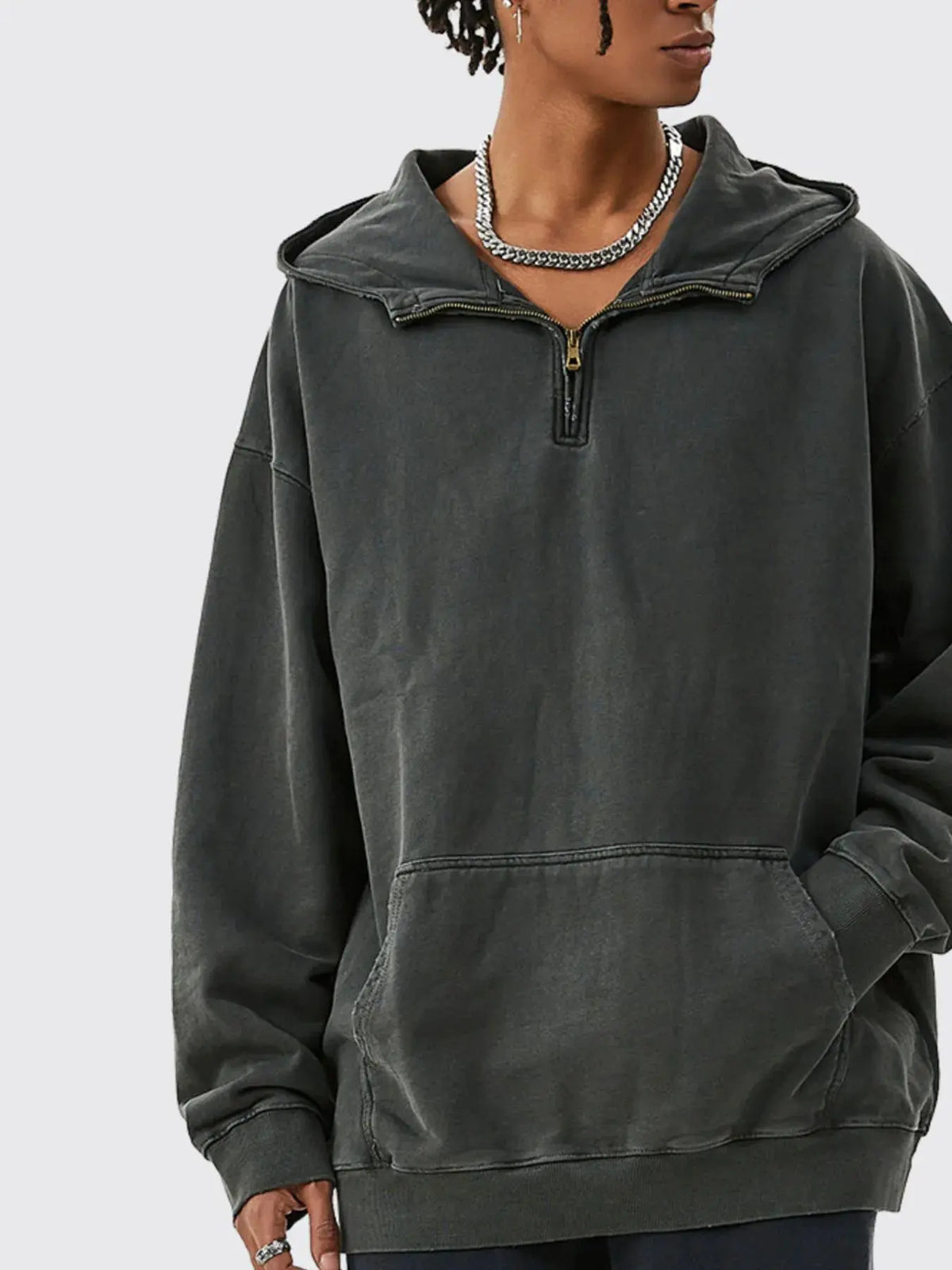 Men's Washed Quarter-Zip Hoodie with Kangaroo Pocket by Trendsi