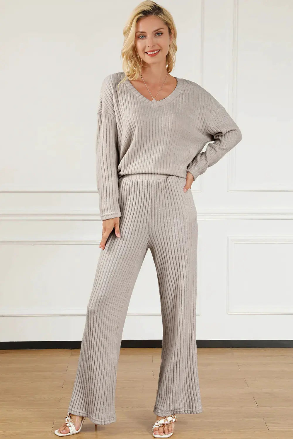 Ribbed V-Neck Top and Pants Lounge Set by Partner Label