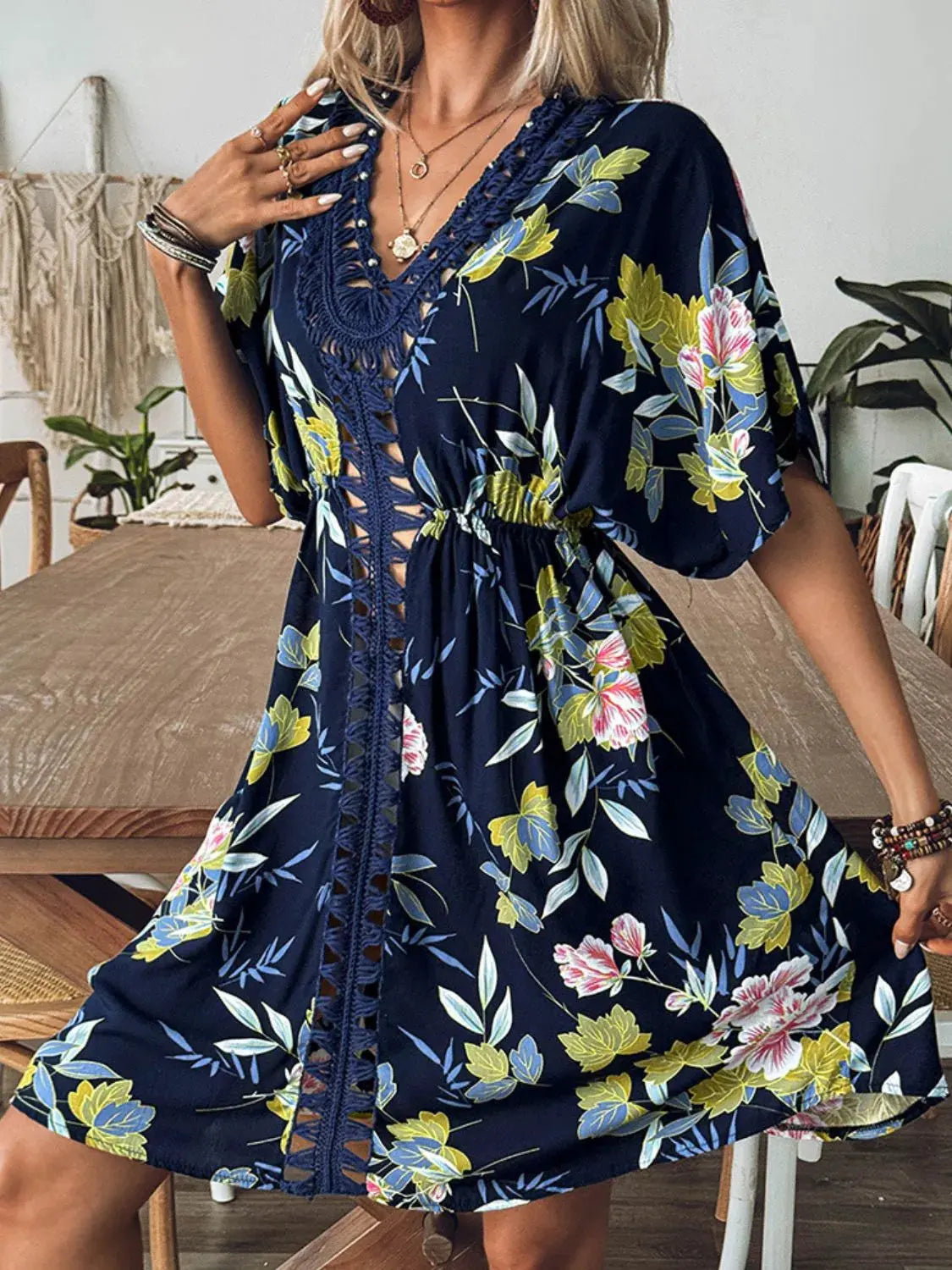 Crochet Front V-Neck Printed Cover-Up by Partner Label