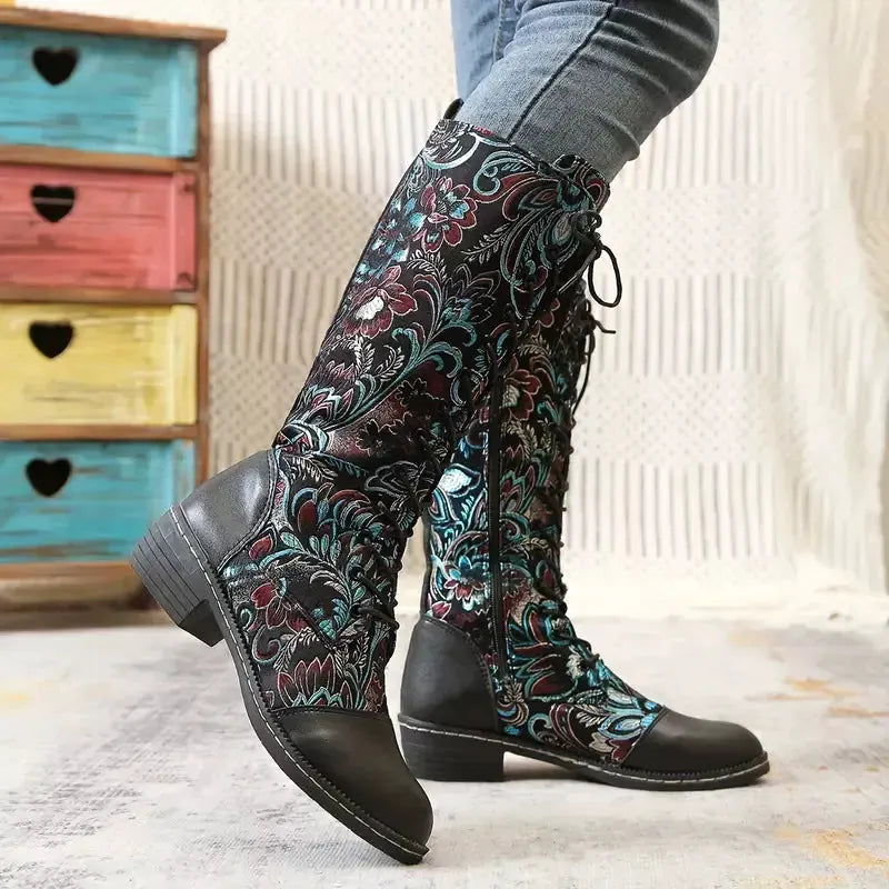 Embroidered Lace-Up Knee High Boots by Partner Label