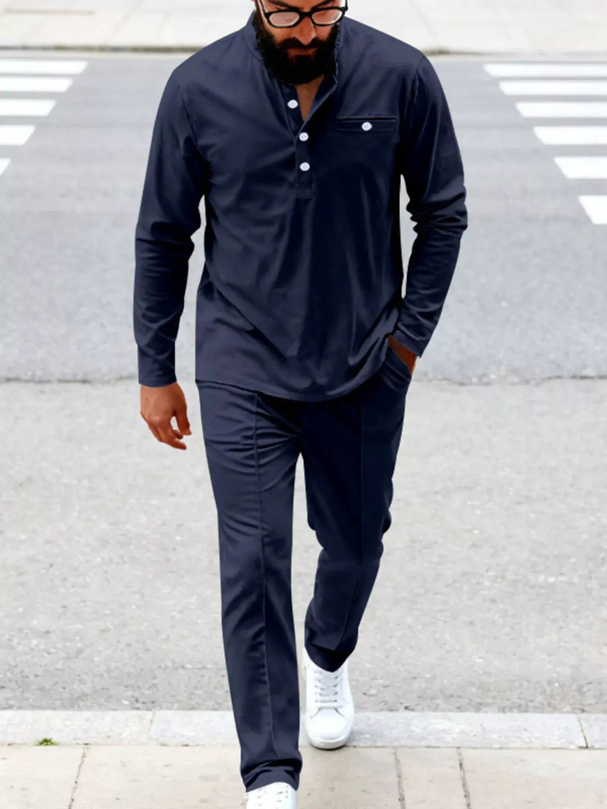 Men's Full Size Casual Long Sleeve Henley Top and Drawstring Joggers Set Plus Size by Trendsi