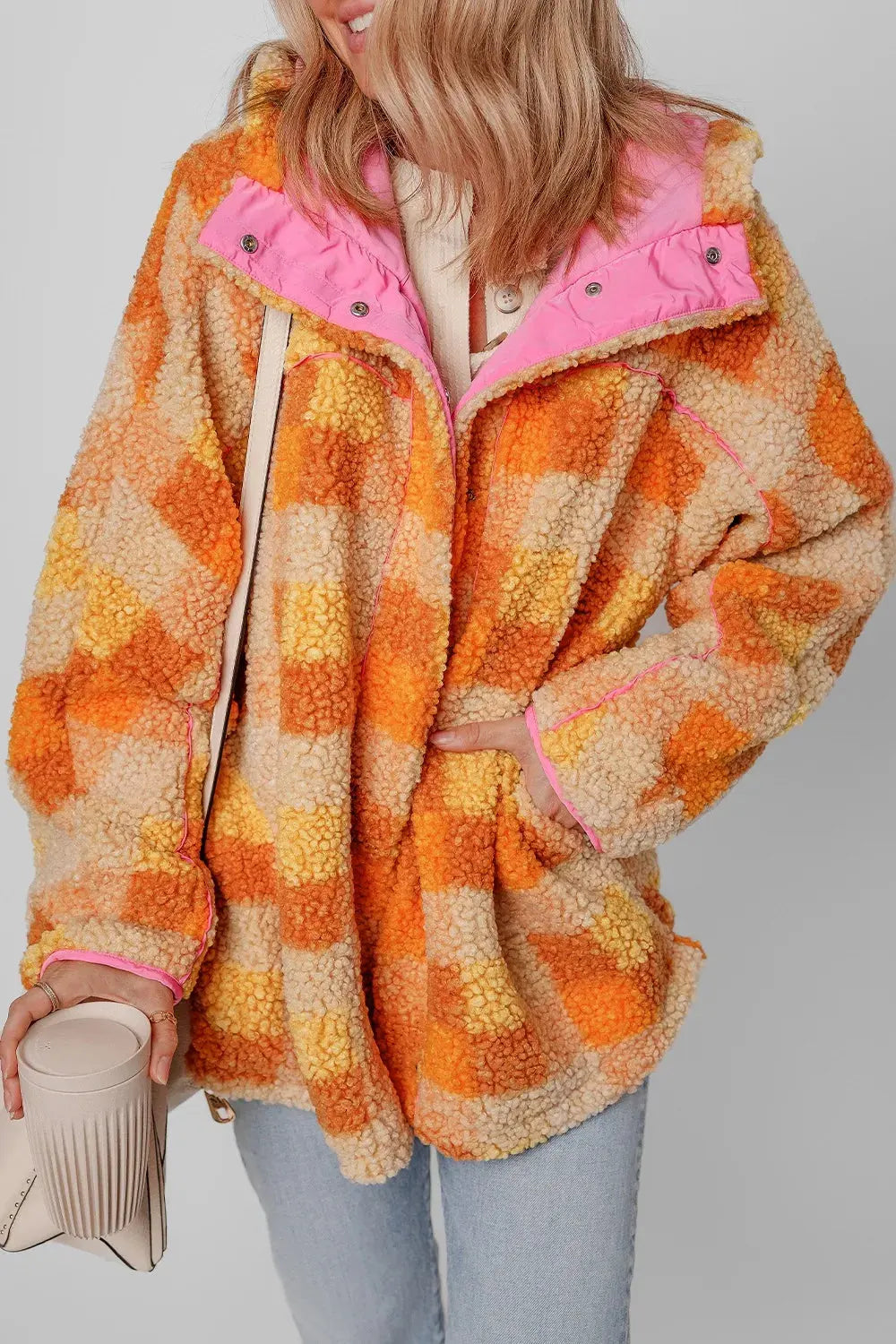 Checkered Long Sleeve Sherpa Hooded Jacket by Partner Label