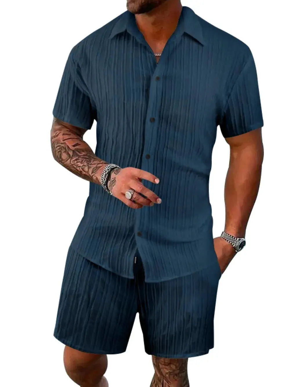 Men's Full Size Button Down Short Sleeve Shirt and Shorts Set Plus Size by Trendsi
