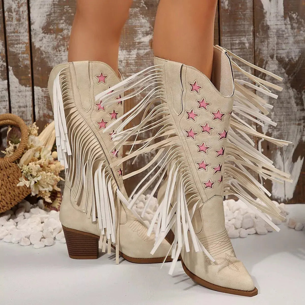Star Fringe Block Heel Boots by Partner Label