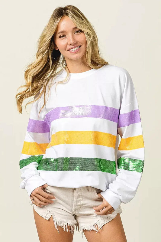 BiBi Sequin Mardi Gras Striped Round Neck Sweatshirt by BiBi