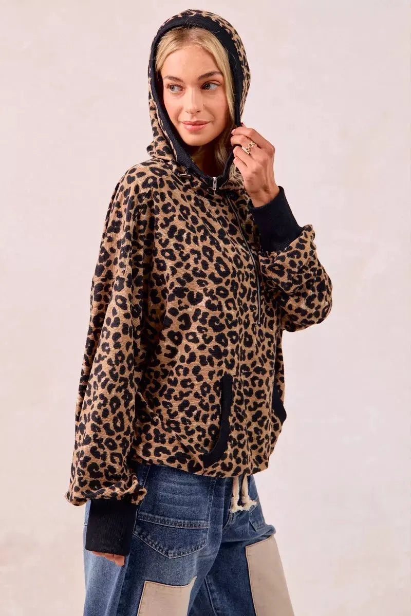BiBi Leopard Print Waffle Half Zip Up Hoodie W Pocket by BiBi