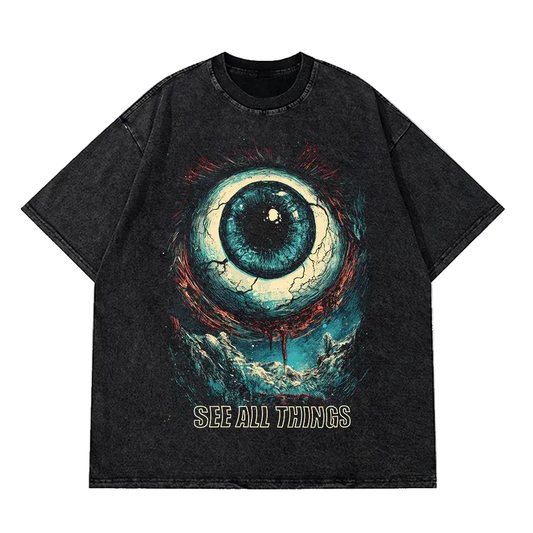 Hip Hop Retro Washed Black T-Shirt Streetwear Big Eyeball Graphic T Shirt Cotton Unisex Tshirt Men Tops Tees Dope Y2K by Vimost Shop