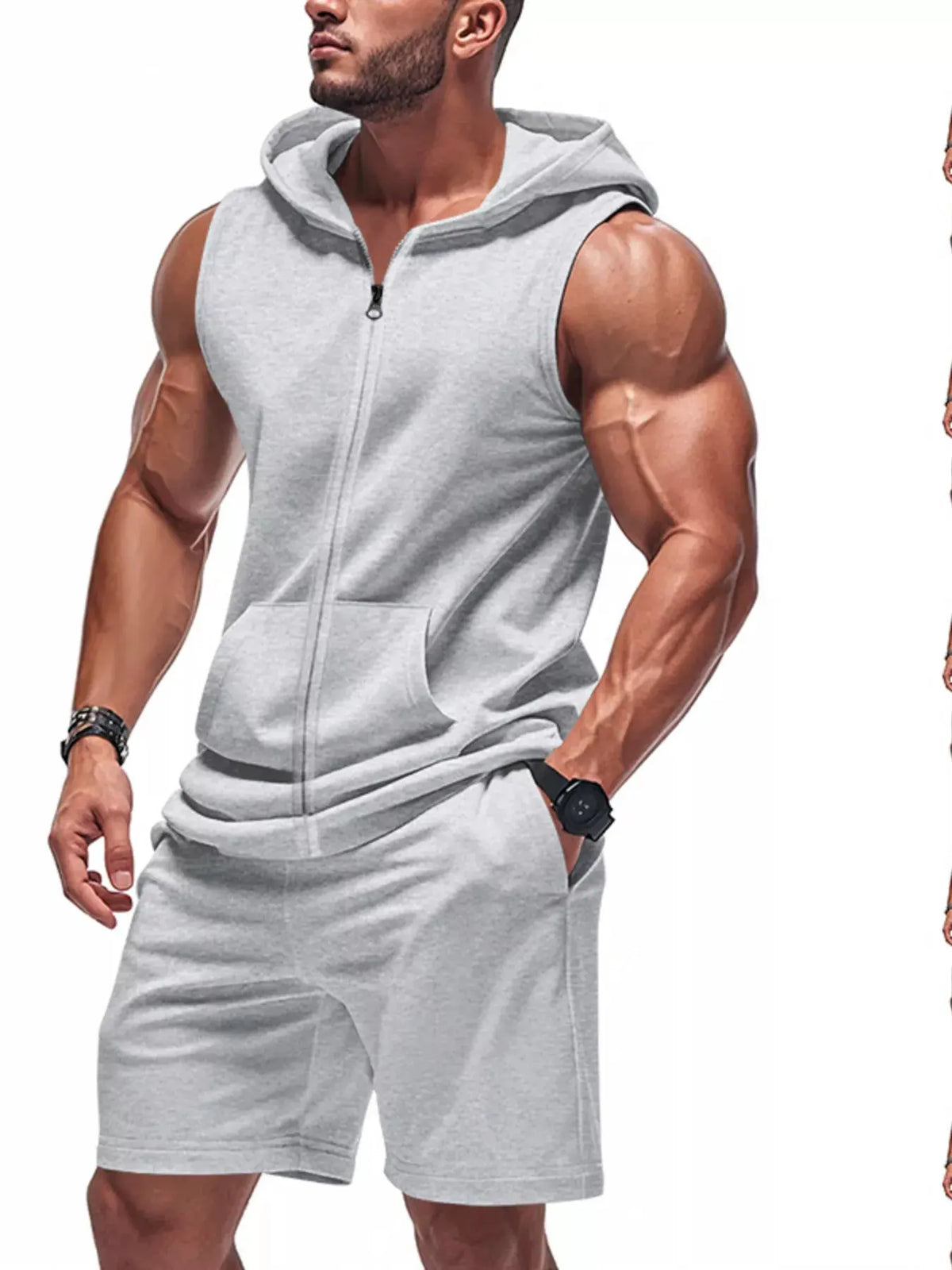 Men's Full Size Zip Up Sleeveless Hoodie & Shorts Set Plus Size by Partner Label