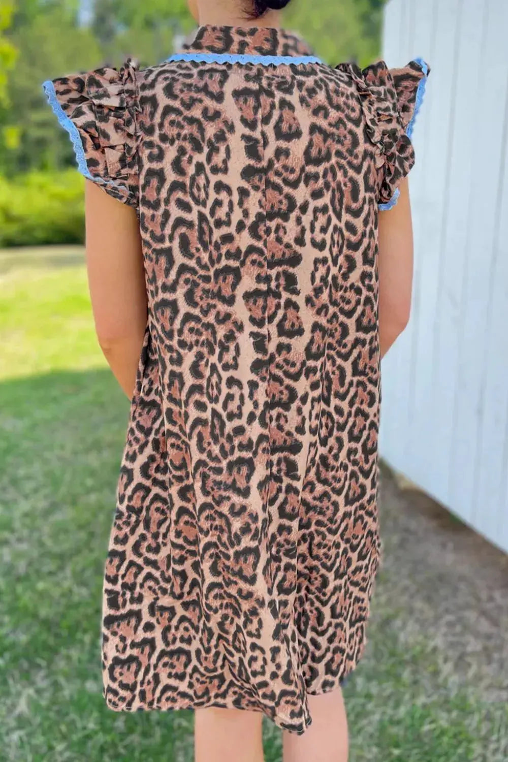 Leopard Print Lace Trim Shirt Collar Button Down Loose Mini Dress by Partner Label