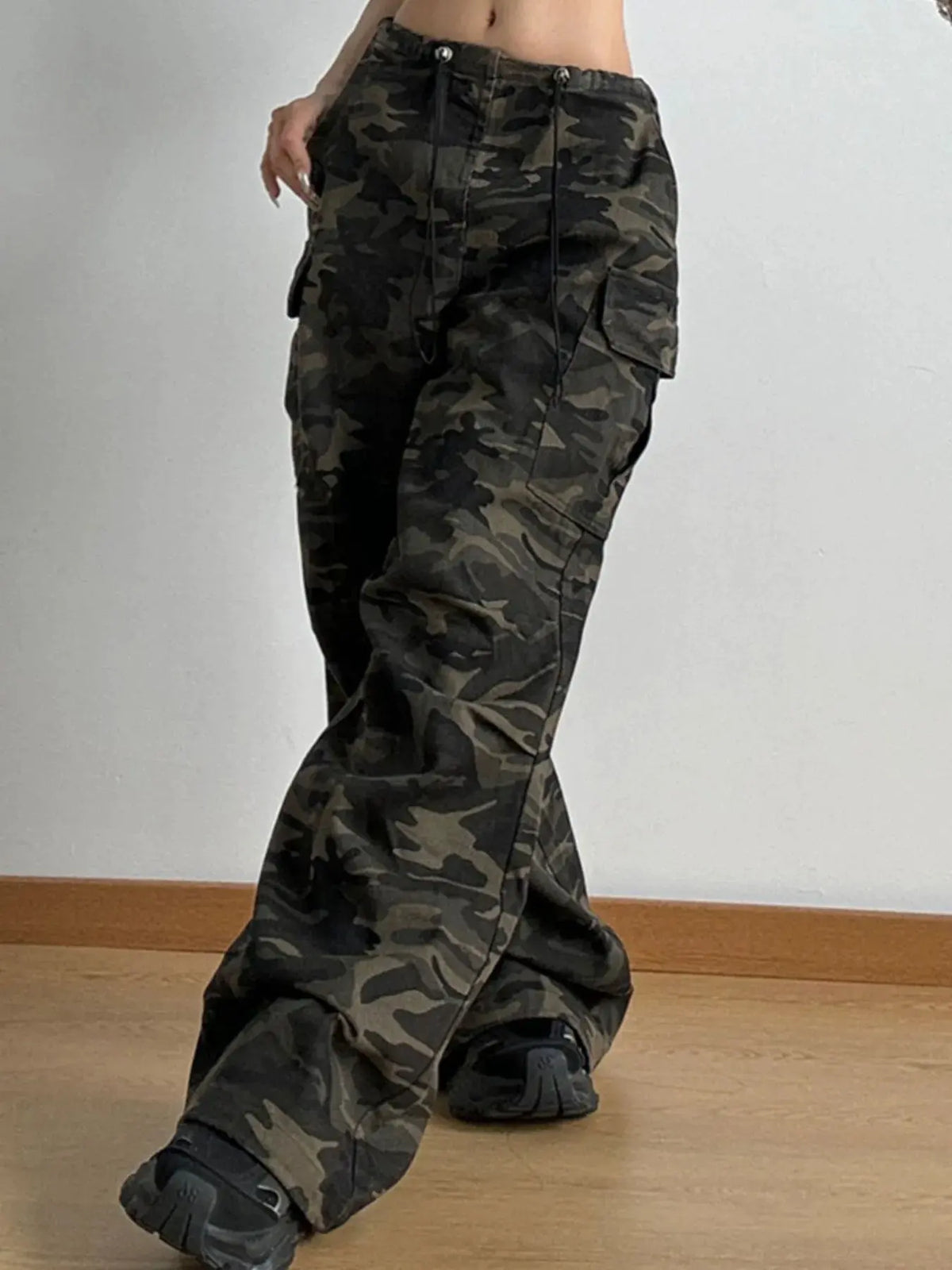 Drawstring Camouflage Cargo Wide Leg Jeans by Partner Label