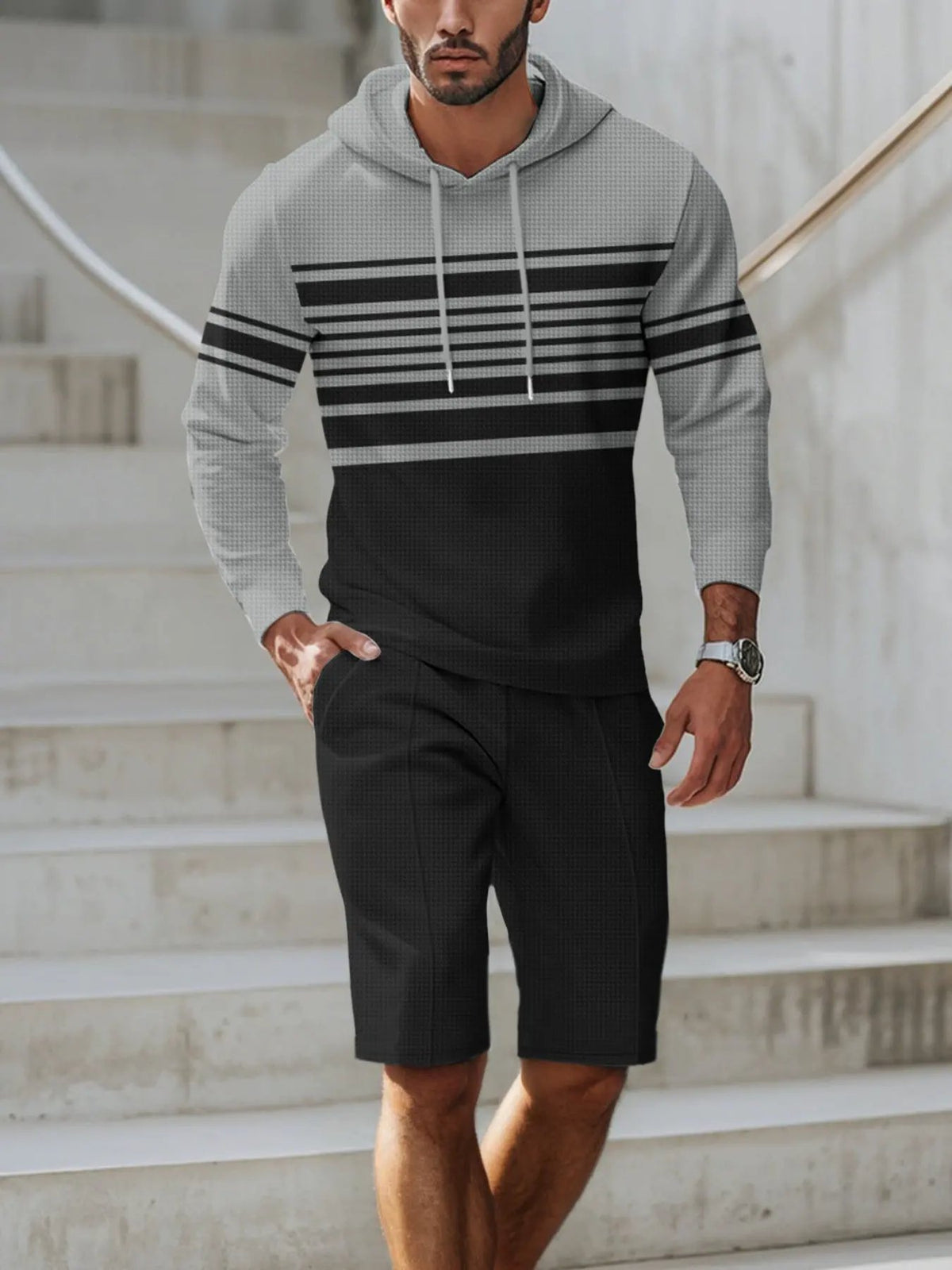 Men's Full Size Striped Hoodie & Shorts Casual Set Plus Size by Partner Label