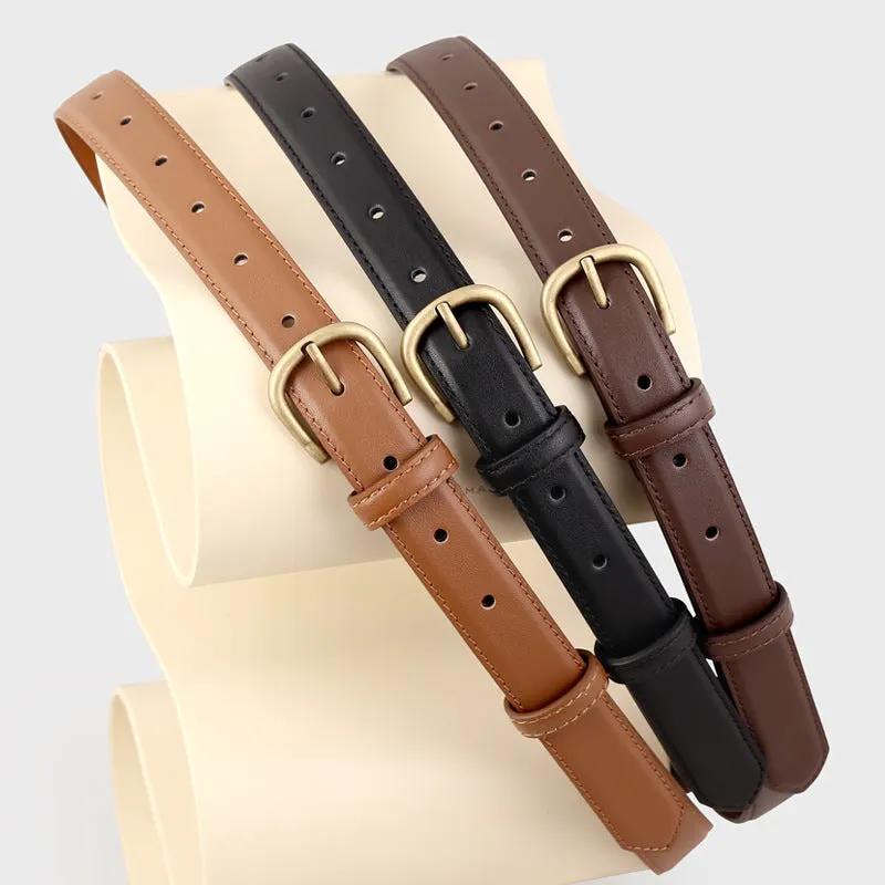 Skinny Leather Belt with Golden Buckle by Trendsi
