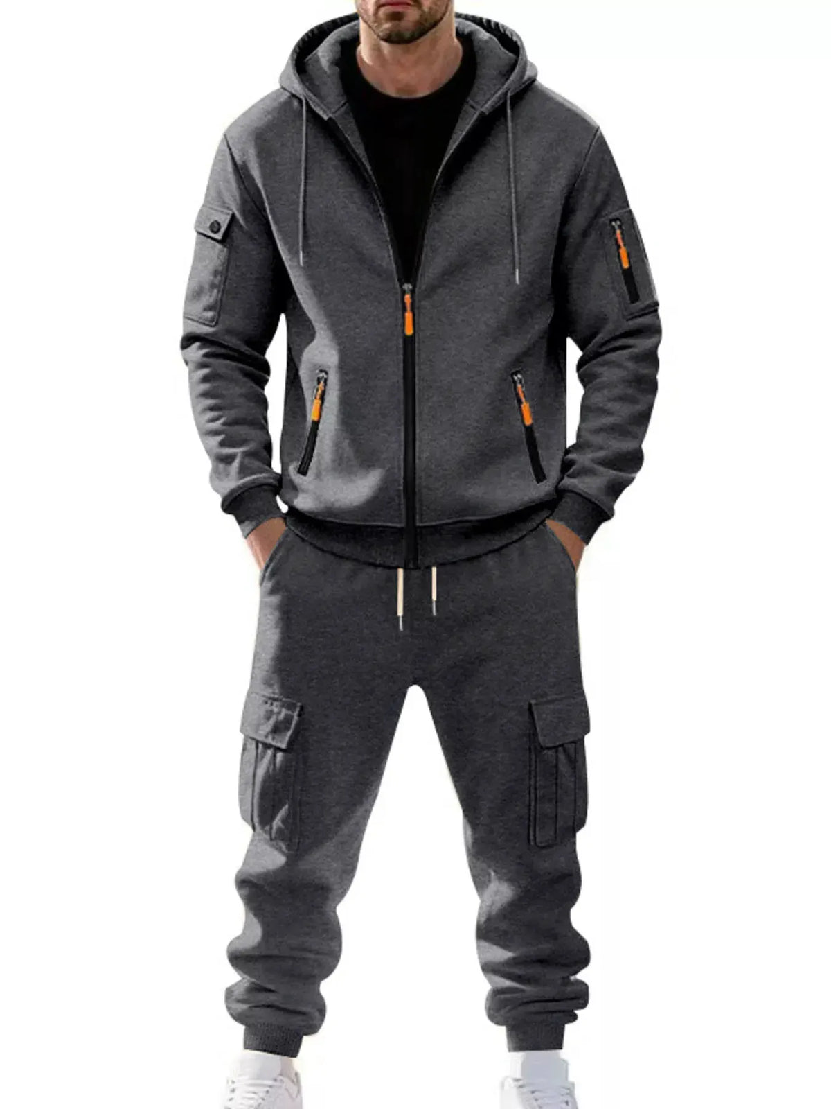 Men's Plus Size Casual Zip-Up Hoodie and Cargo Pants Set by Partner Label