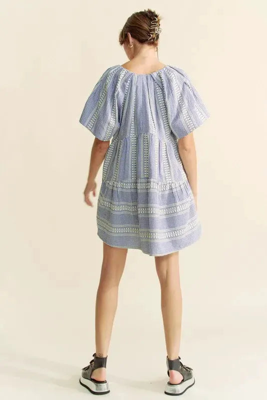 Davi & Dani Embroidered Stripe Ruffled Gingham Mini Dress by Davi & Dani