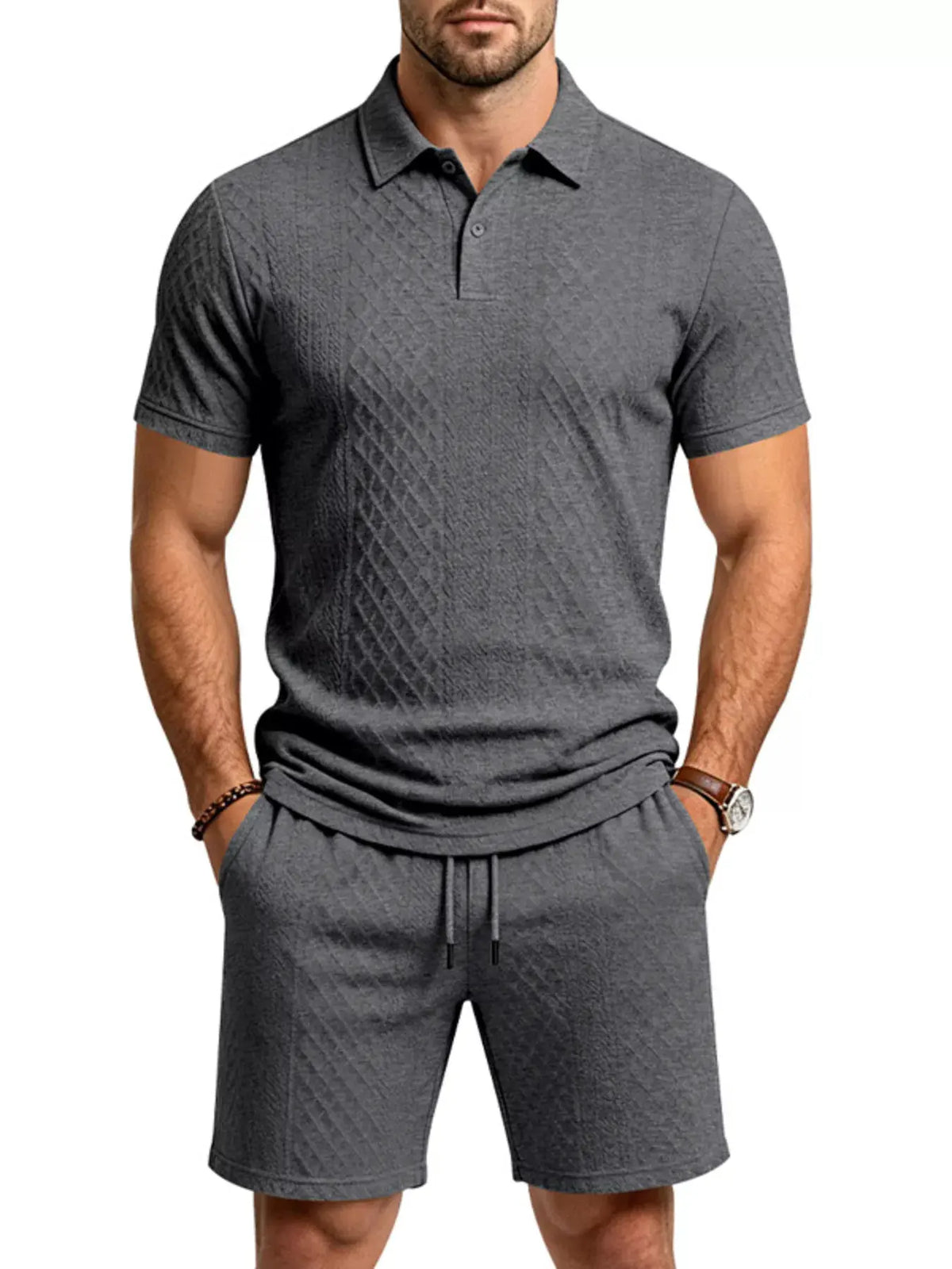 Men's Full Size Textured Short Sleeve Polo and Shorts Set Plus Size by POL