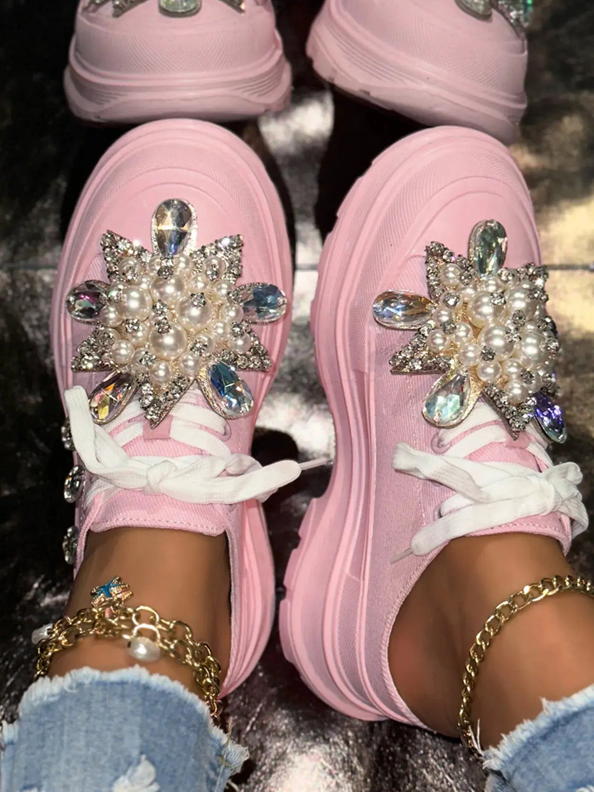 Pearl Embellished Platform Slip-Ons by Partner Label