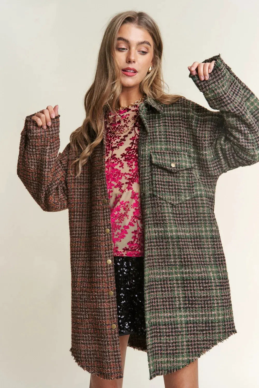 J.NNA Snap Down Tweed Plaid Contrast Longline Shacket by Partner Label