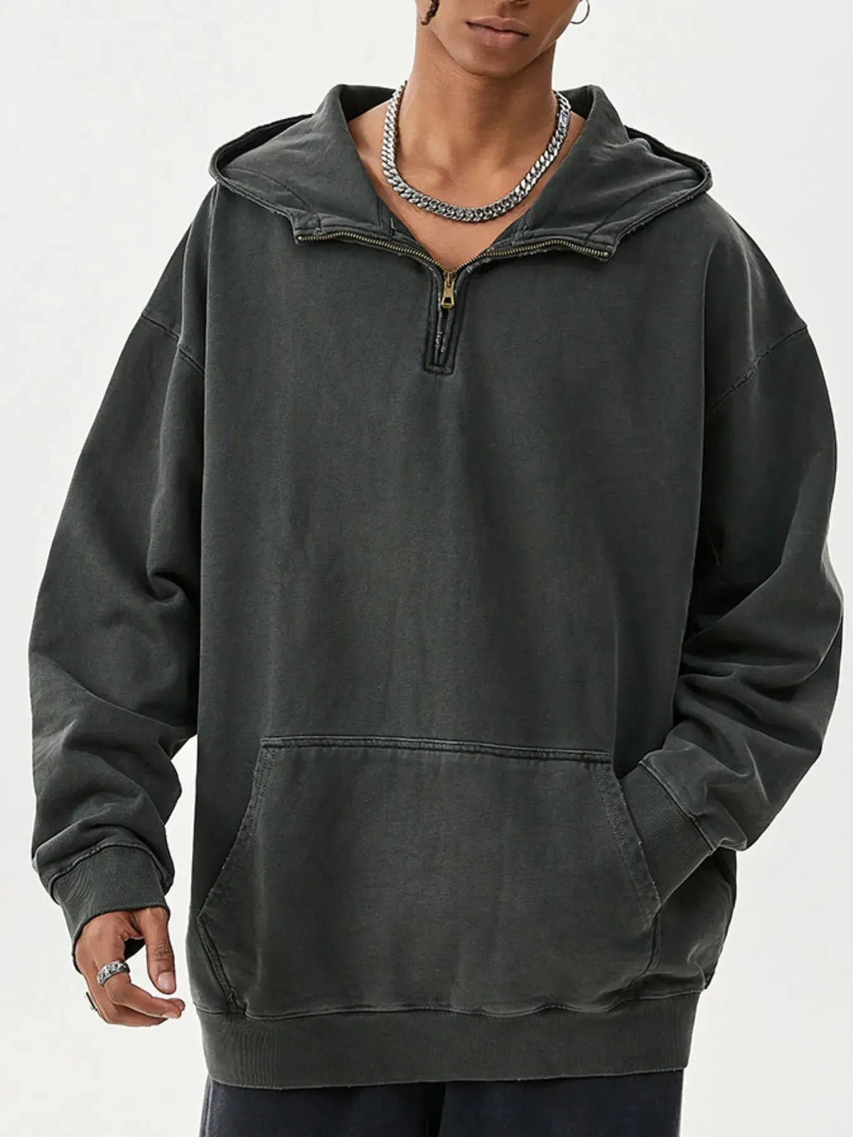 Men's Washed Quarter-Zip Hoodie with Kangaroo Pocket by Trendsi