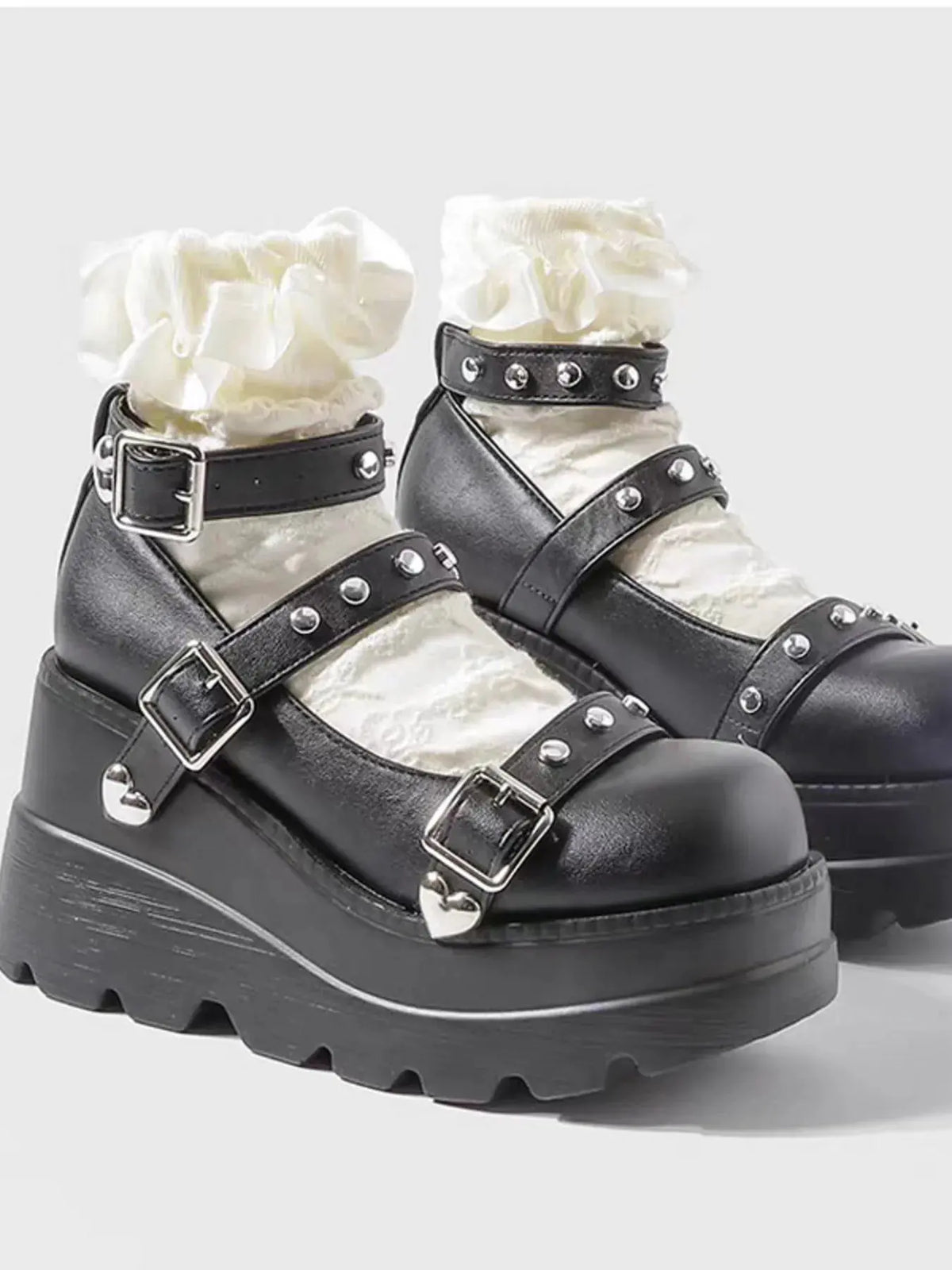 Platform Mary Jane Shoes with Triple Buckle Straps by Partner Label