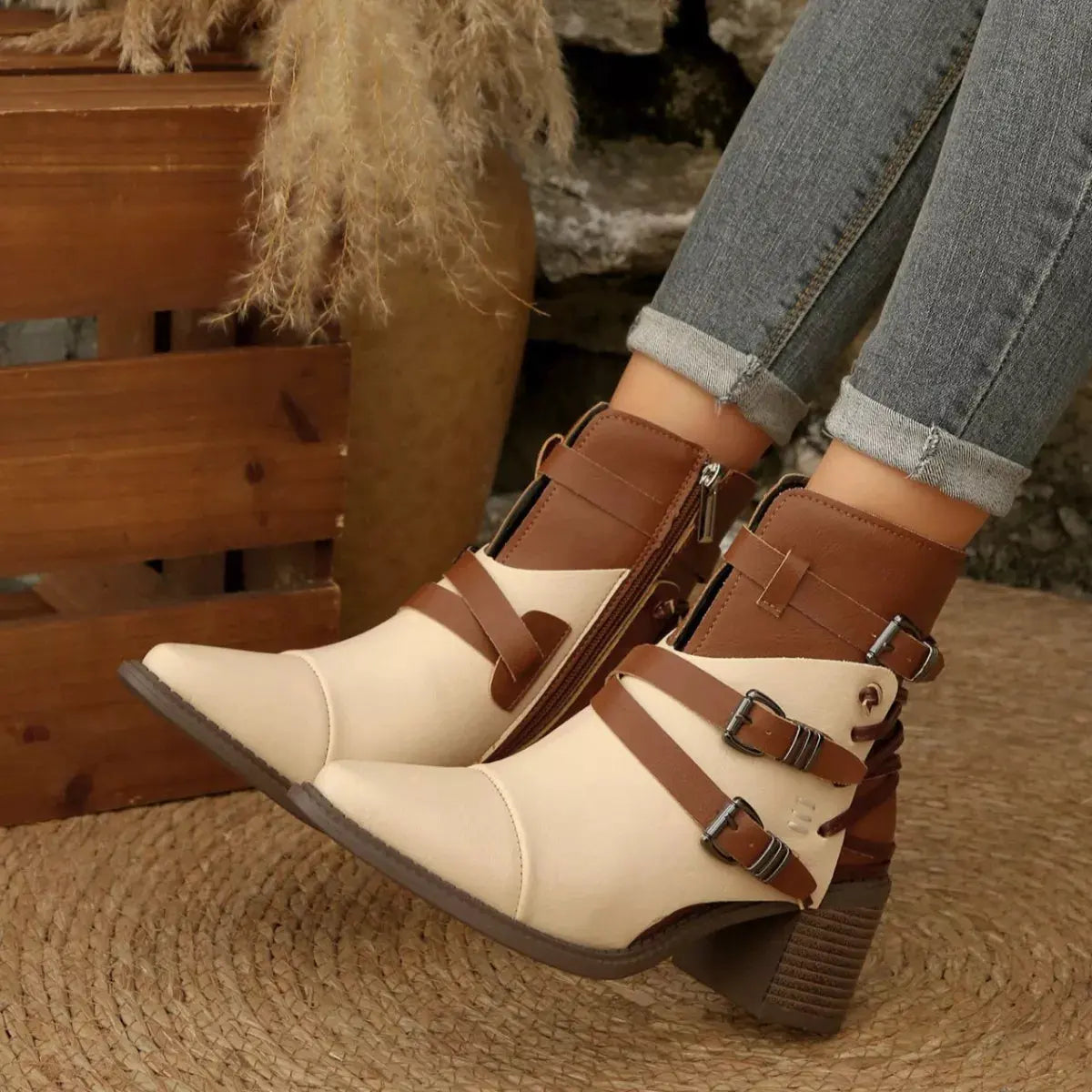 Point Toe Buckle Strap Ankle Boots with Block Heels by Partner Label