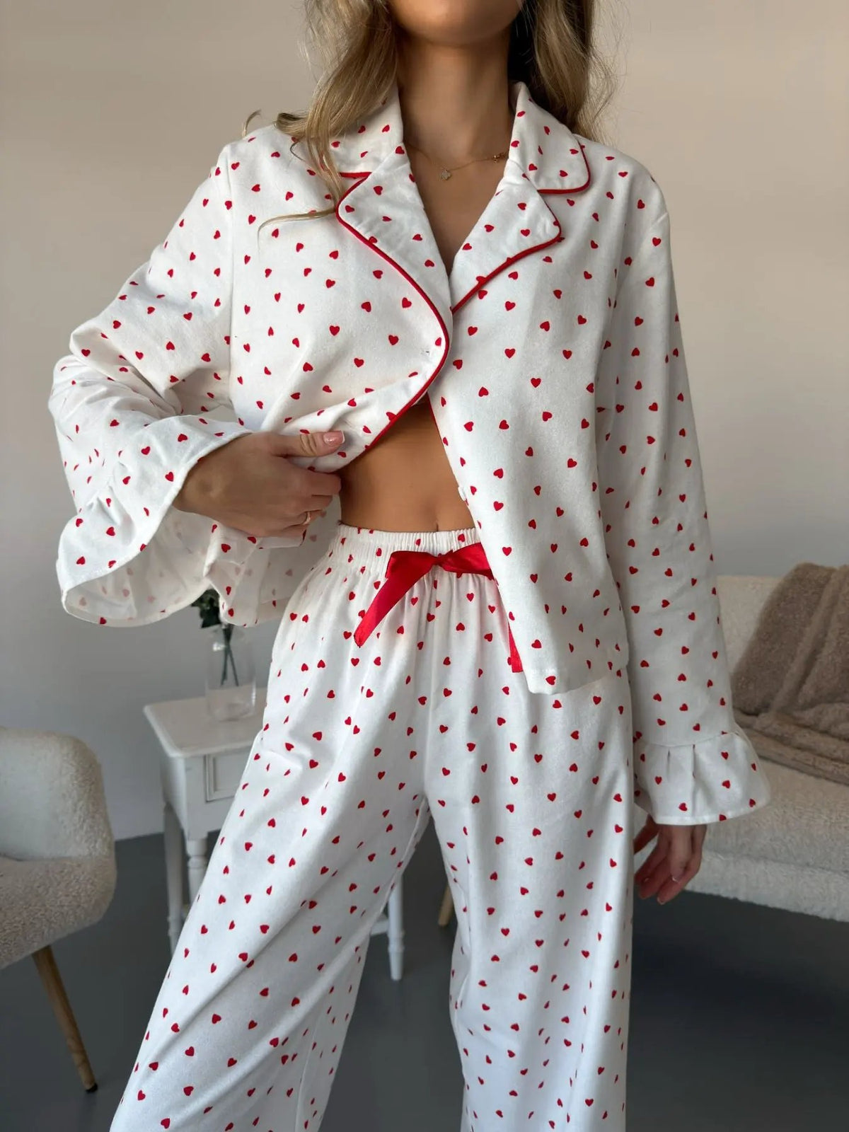 Heart Print Long Sleeve Top and Pants Lounge Set by Partner Label