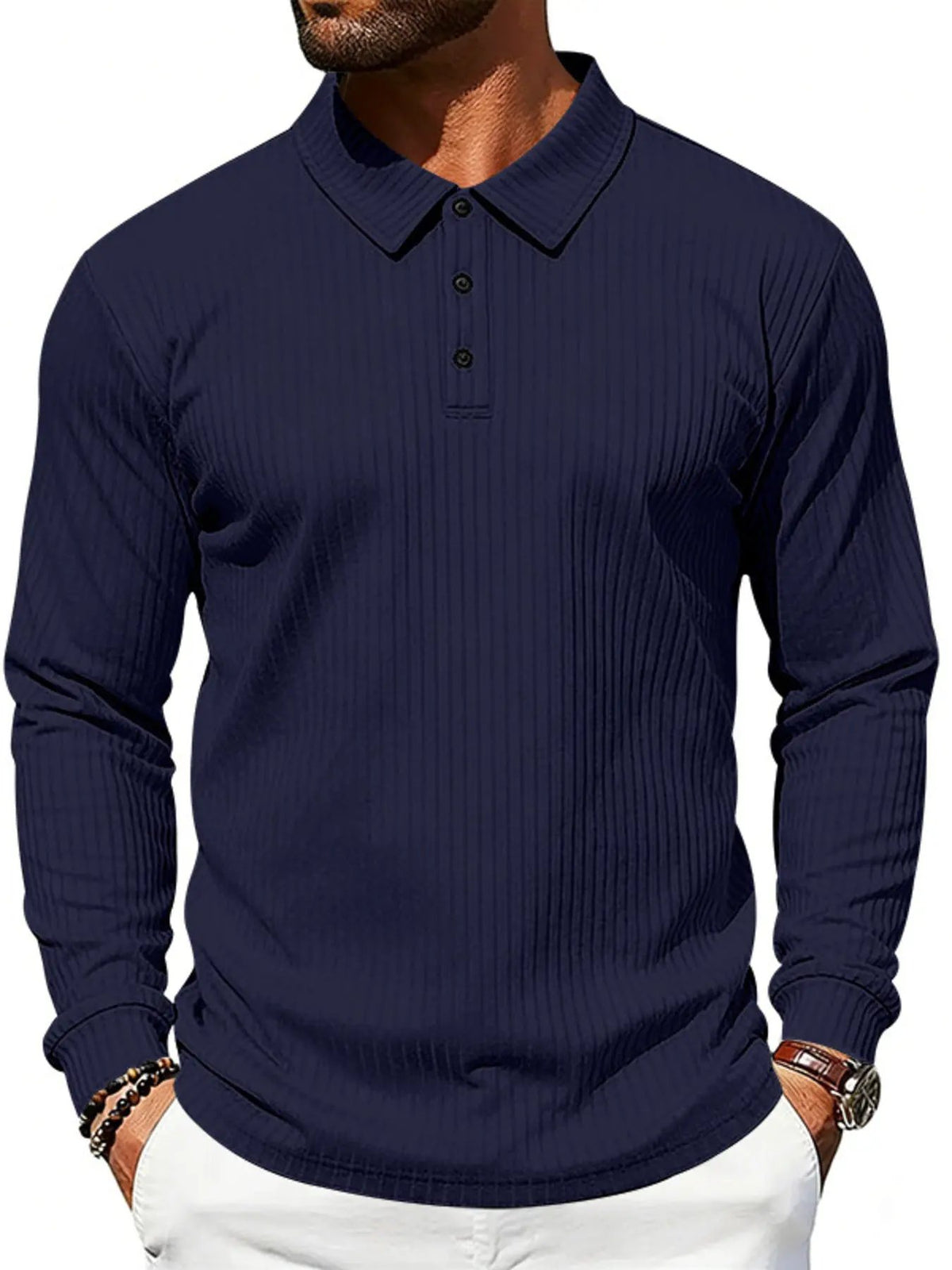 Men's Full Size Ribbed Long Sleeve Polo with Button Detail Plus Size by Trendsi