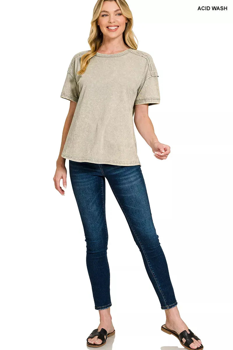 Acid Washed Round Neck T‑Shirt by boutique label Zenana | Partner Labels Selection by Zenana