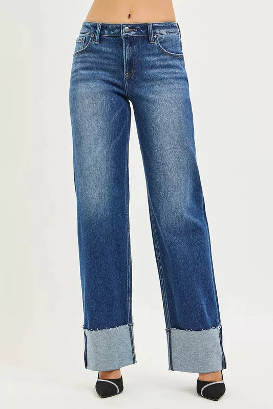 RISEN Mid Rise Wide Straight Jeans With Wide Cuff by RISEN