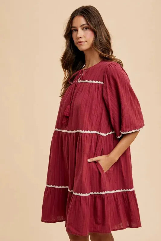 Annie Wear Tassel Contrast Trim Tie Neck Half Sleeve Tiered Dress by Annie Wear