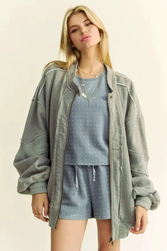 Davi & Dani Exposed Seam Zip Up Dropped Shoulder Jacket by Davi & Dani