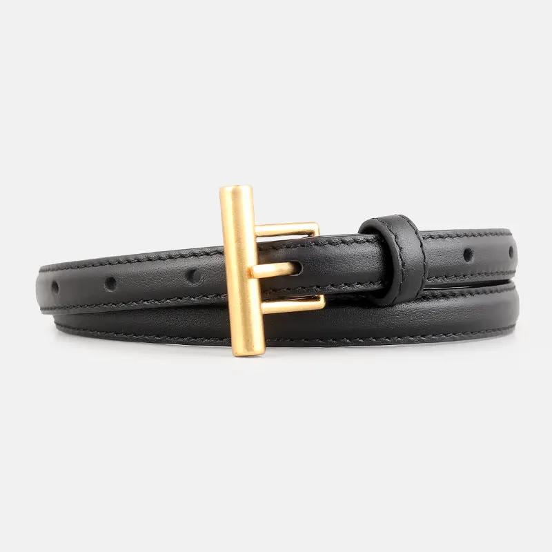 Leather Belt with Golden T-Buckle by Trendsi