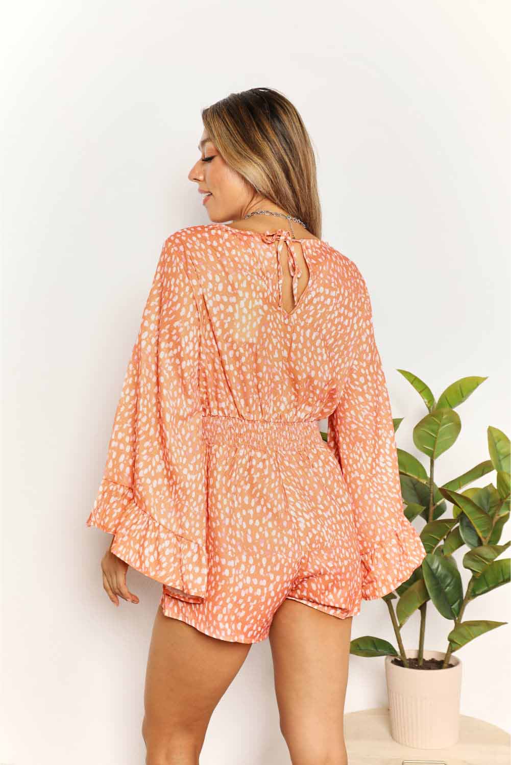 Double Take Printed Flare Sleeve Surplice Romper by Partner Label