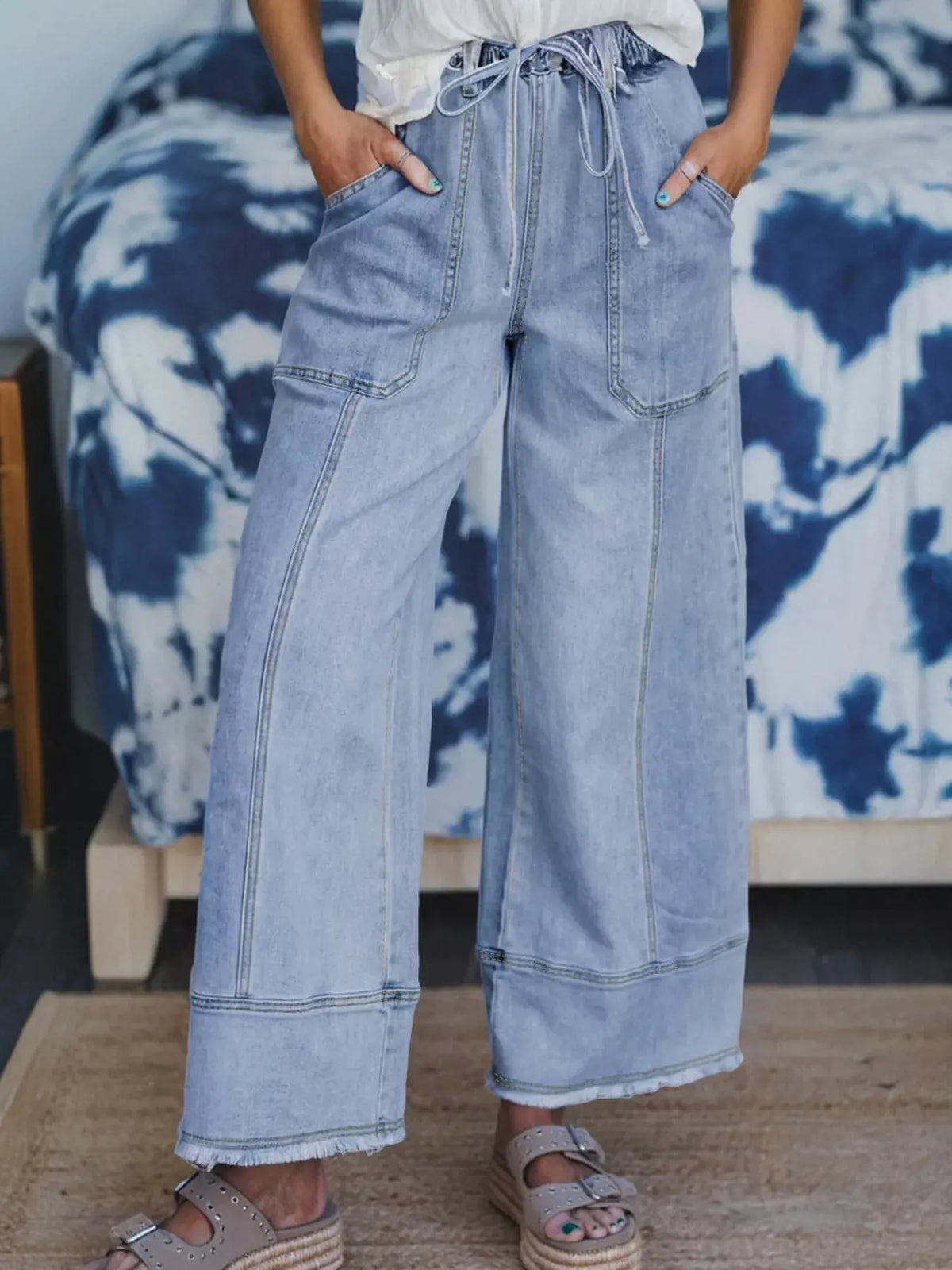 Wide Leg Drawstring Raw Hem Jeans by Partner Label
