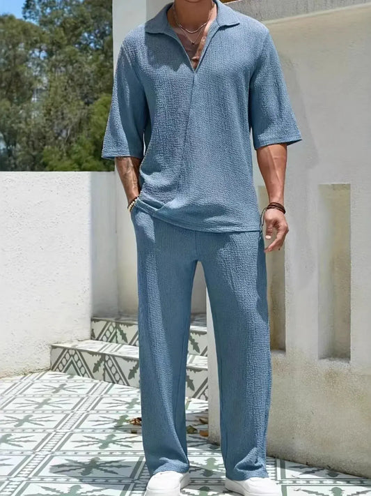 Men's Johnny Collar Half Sleeve Top and Pants Set by Oh