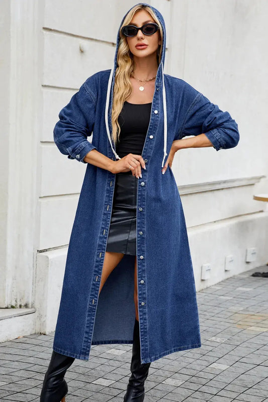 Button Up Long Sleeve Longline Hooded Denim Outerwear by Partner Label