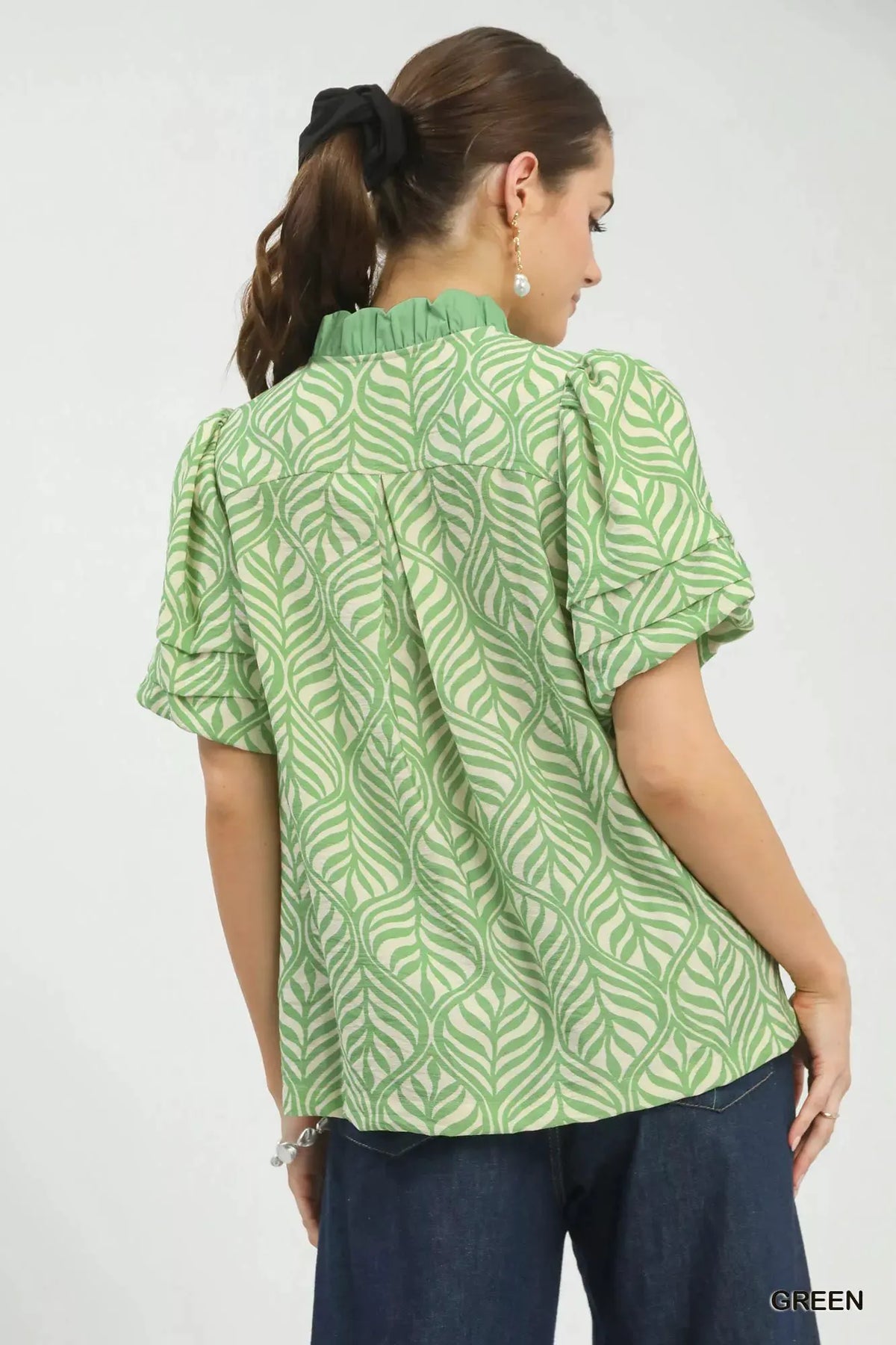 Umgee Printed Puff Sleeve Ruffle Neck Top by Umgee