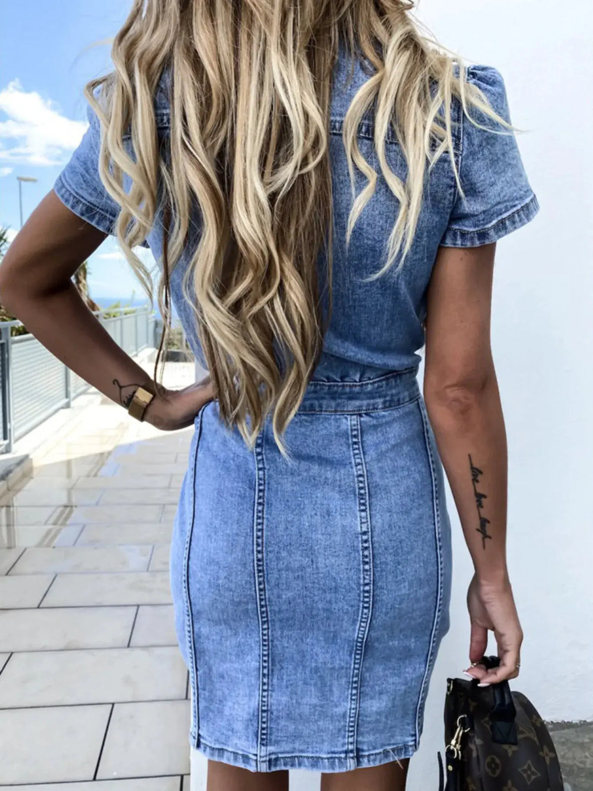 Button Front Short Sleeve Denim Dress by Partner Label